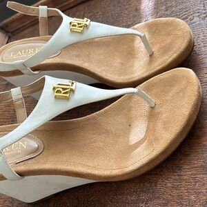 Lauren Ralph Lauren White and Tan Wedge Sandals